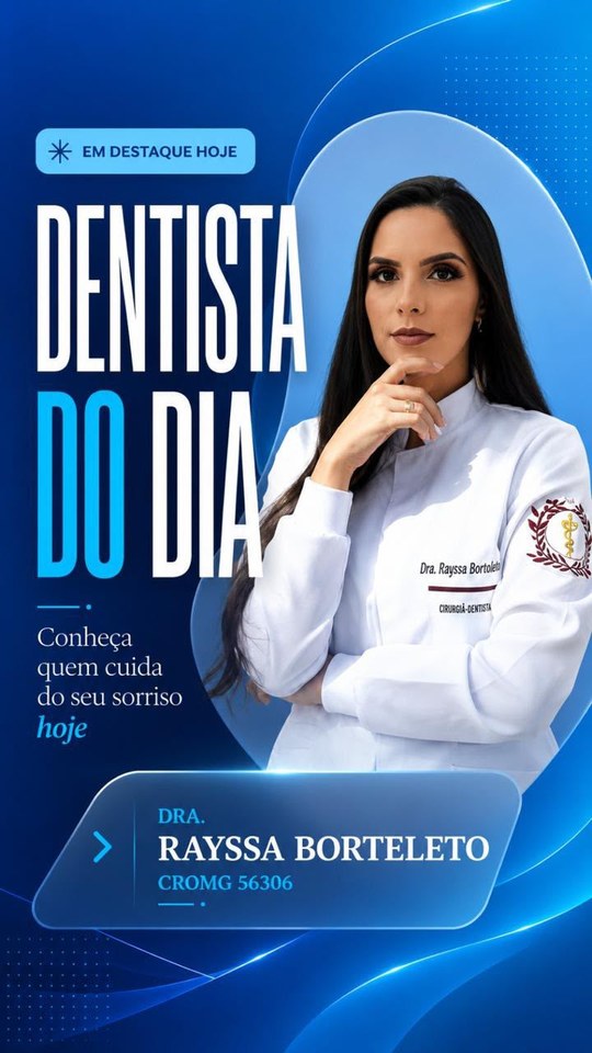 Arte da Dra. Rayssa Bortoleto com foto, nome e registro CRO-MG.