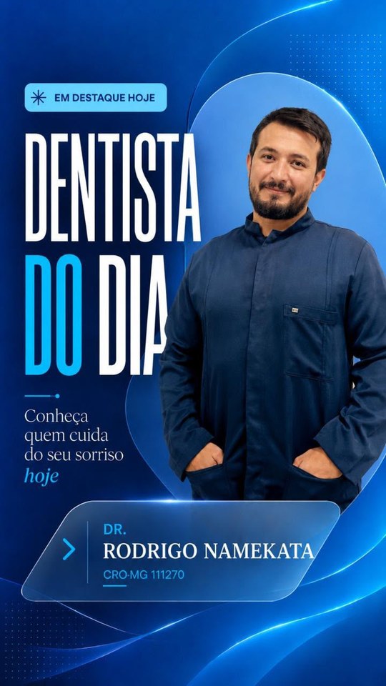 Arte da Dr. Rodrigo Namekata com foto, nome e registro CRO-MG.